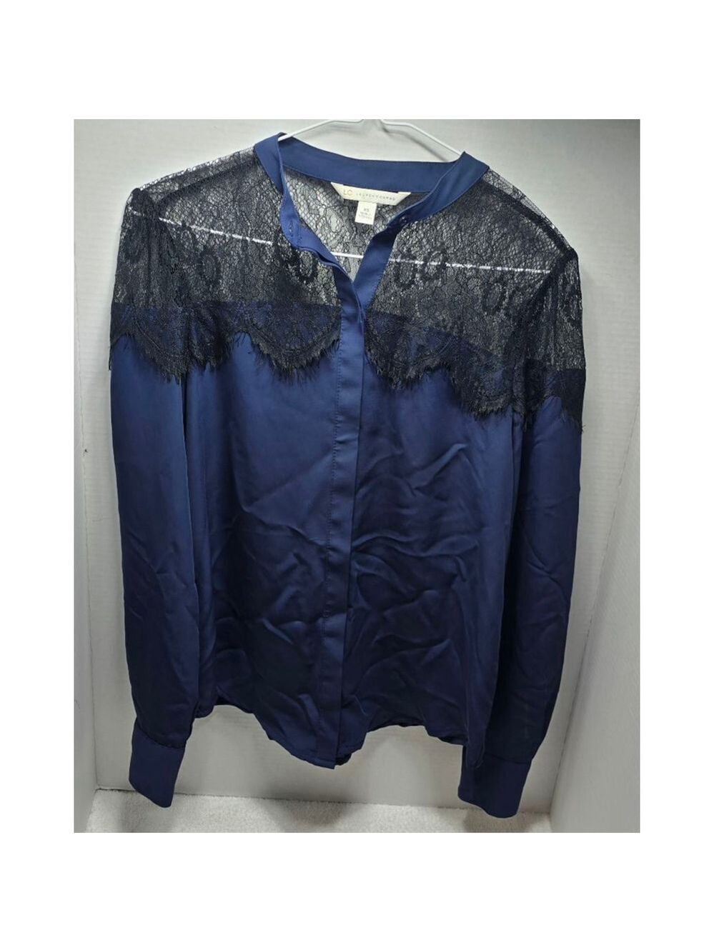 Women's LC Lauren Conrad Blue Blouse with Black Lace Trim XS